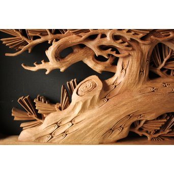 深彫井波彫刻 木彫欄間 松鶴鷹 2枚1組　R0097Y 