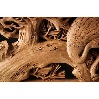 深彫井波彫刻 木彫欄間 松鶴鷹 2枚1組　R0097Y 