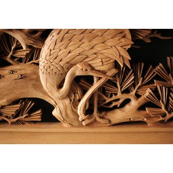 深彫井波彫刻 木彫欄間 松鶴鷹 2枚1組　R0097Y 