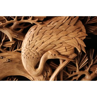 深彫井波彫刻 木彫欄間 松鶴鷹 2枚1組　R0097Y 