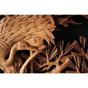 深彫井波彫刻 木彫欄間 松鶴鷹 2枚1組　R0097Y 