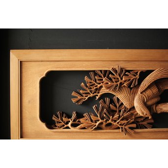 深彫井波彫刻 木彫欄間 松鶴鷹 2枚1組　R0097Y 