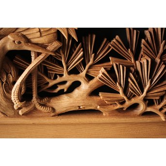 深彫井波彫刻 木彫欄間 松鶴鷹 2枚1組　R0097Y 