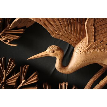 深彫井波彫刻 木彫欄間 松鶴鷹 2枚1組　R0097Y 