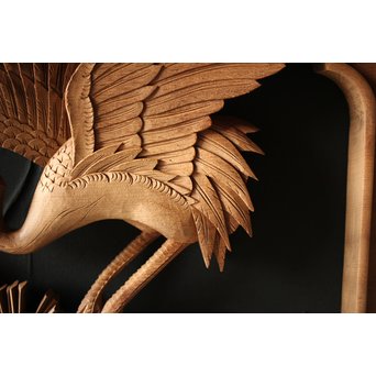 深彫井波彫刻 木彫欄間 松鶴鷹 2枚1組　R0097Y 