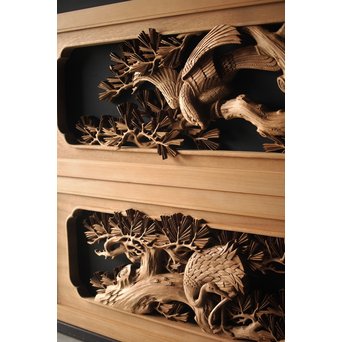 深彫井波彫刻 木彫欄間 松鶴鷹 2枚1組　R0097Y 