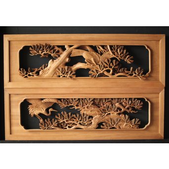 深彫井波彫刻 木彫欄間 松鶴鷹 2枚1組　R0097Y 