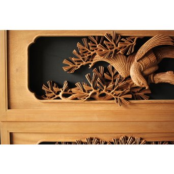 深彫井波彫刻 木彫欄間 松鶴鷹 2枚1組　R0097Y 