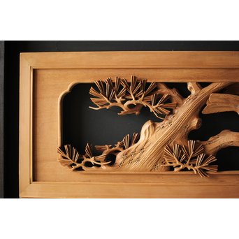 深彫井波彫刻 木彫欄間 松鶴鷹 2枚1組　R0097Y 