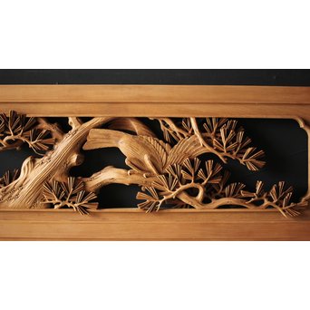 深彫井波彫刻 木彫欄間 松鶴鷹 2枚1組　R0097Y 
