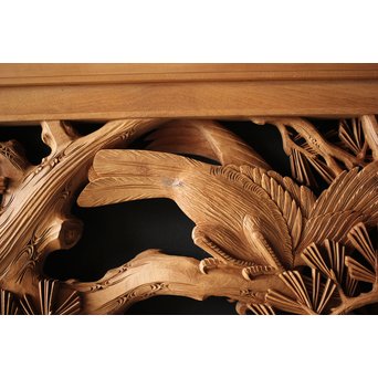 深彫井波彫刻 木彫欄間 松鶴鷹 2枚1組　R0097Y 