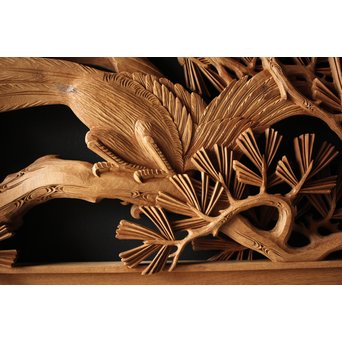 深彫井波彫刻 木彫欄間 松鶴鷹 2枚1組　R0097Y 