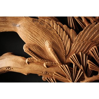 深彫井波彫刻 木彫欄間 松鶴鷹 2枚1組　R0097Y 