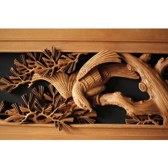 深彫井波彫刻 木彫欄間 松鶴鷹 2枚1組　R0097Y 