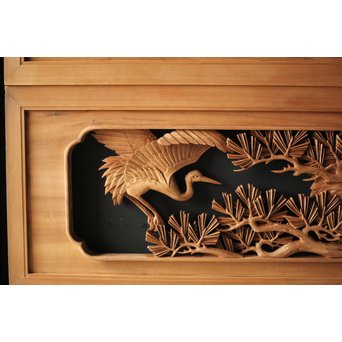 深彫井波彫刻 木彫欄間 松鶴鷹 2枚1組　R0097Y 