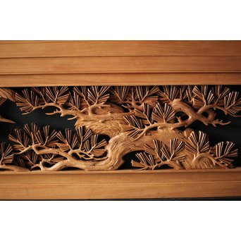 深彫井波彫刻 木彫欄間 松鶴鷹 2枚1組　R0097Y 