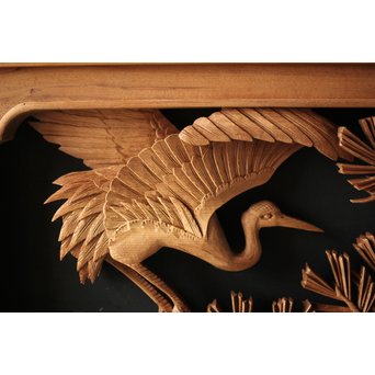 深彫井波彫刻 木彫欄間 松鶴鷹 2枚1組　R0097Y 