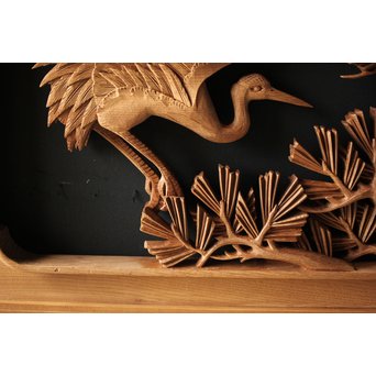 深彫井波彫刻 木彫欄間 松鶴鷹 2枚1組　R0097Y 