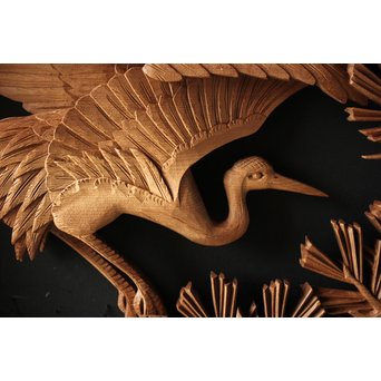 深彫井波彫刻 木彫欄間 松鶴鷹 2枚1組　R0097Y 