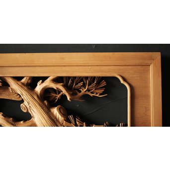 深彫井波彫刻 木彫欄間 松鶴鷹 2枚1組　R0097Y 