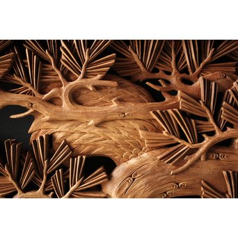 深彫井波彫刻 木彫欄間 松鶴鷹 2枚1組　R0097Y 