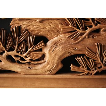 深彫井波彫刻 木彫欄間 松鶴鷹 2枚1組　R0097Y 