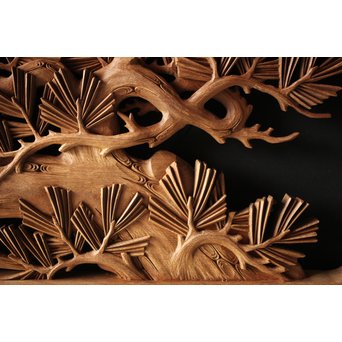 深彫井波彫刻 木彫欄間 松鶴鷹 2枚1組　R0097Y 