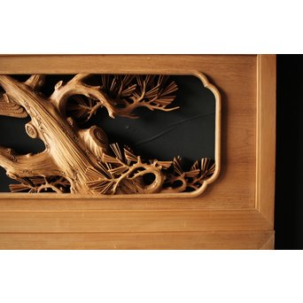 深彫井波彫刻 木彫欄間 松鶴鷹 2枚1組　R0097Y 