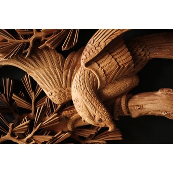 深彫井波彫刻 木彫欄間 松鶴鷹 2枚1組　R0097Y 