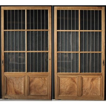 虎斑杢 堅木と銅桟のガラス戸 2枚1組　GD0059Y