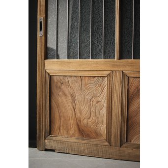 虎斑杢 堅木と銅桟のガラス戸 2枚1組　GD0059Y 