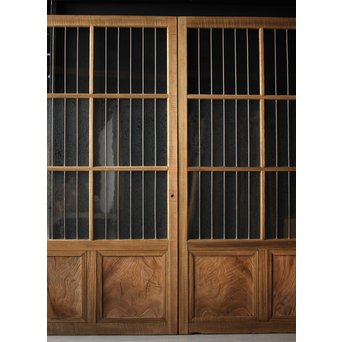 虎斑杢 堅木と銅桟のガラス戸 2枚1組　GD0059Y 