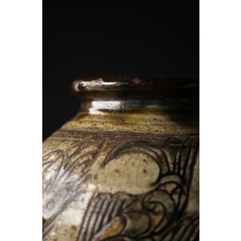 人間国宝 壷屋焼 金城次郎作 魚文 壷 花瓶　P241 