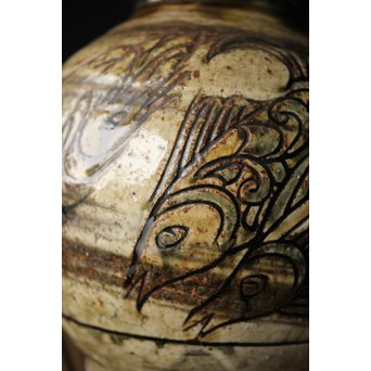 人間国宝 壷屋焼 金城次郎作 魚文 壷 花瓶　P241 