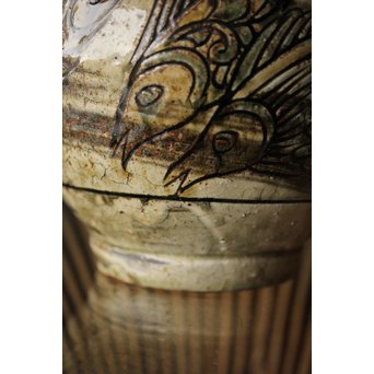 人間国宝 壷屋焼 金城次郎作 魚文 壷 花瓶　P241 