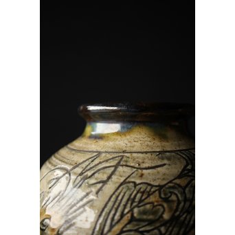 人間国宝 壷屋焼 金城次郎作 魚文 壷 花瓶　P241 