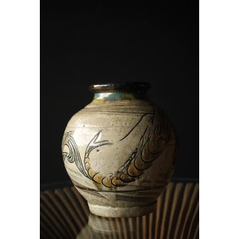 人間国宝 壷屋焼 金城次郎作 魚文 壷 花瓶　P241 