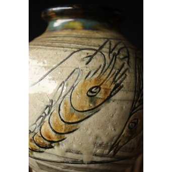 人間国宝 壷屋焼 金城次郎作 魚文 壷 花瓶　P241 