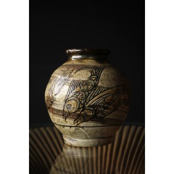 人間国宝 壷屋焼 金城次郎作 魚文 壷 花瓶　P241 