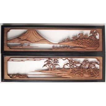 富士に龍 木彫欄間 2枚1組　R0104Y 