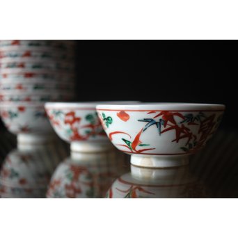 清水六兵衛 呉洲赤絵菊竹向付9/10客 呉須赤絵碗 共箱　P252 