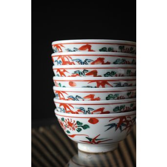 清水六兵衛 呉洲赤絵菊竹向付9/10客 呉須赤絵碗 共箱　P252 