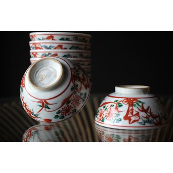 清水六兵衛 呉洲赤絵菊竹向付9/10客 呉須赤絵碗 共箱　P252 