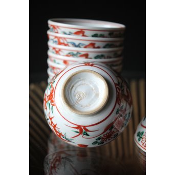 清水六兵衛 呉洲赤絵菊竹向付9/10客 呉須赤絵碗 共箱　P252 