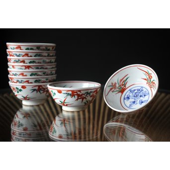 清水六兵衛 呉洲赤絵菊竹向付9/10客 呉須赤絵碗 共箱　P252