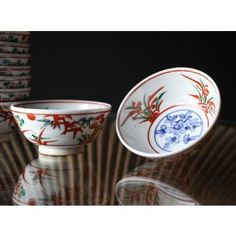 清水六兵衛 呉洲赤絵菊竹向付9/10客 呉須赤絵碗 共箱　P252 