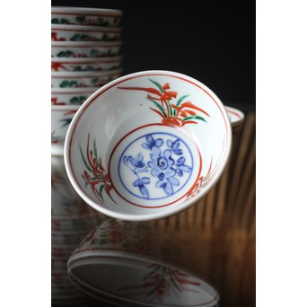 清水六兵衛 呉洲赤絵菊竹向付9/10客 呉須赤絵碗 共箱　P252 