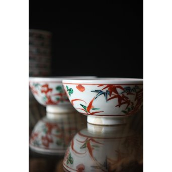 清水六兵衛 呉洲赤絵菊竹向付9/10客 呉須赤絵碗 共箱　P252 