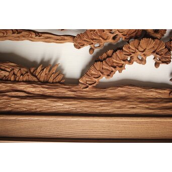 諏訪立川流宮彫か 清水虎銘 鶴亀吉祥堅木長尺木彫欄間 2枚1組　R0105Y 