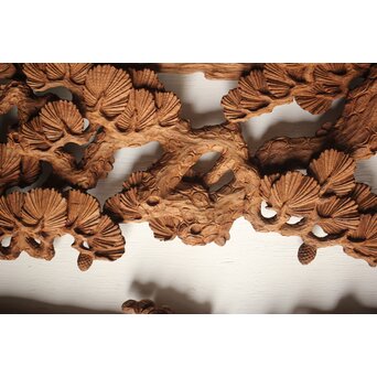 諏訪立川流宮彫か 清水虎銘 鶴亀吉祥堅木長尺木彫欄間 2枚1組　R0105Y 